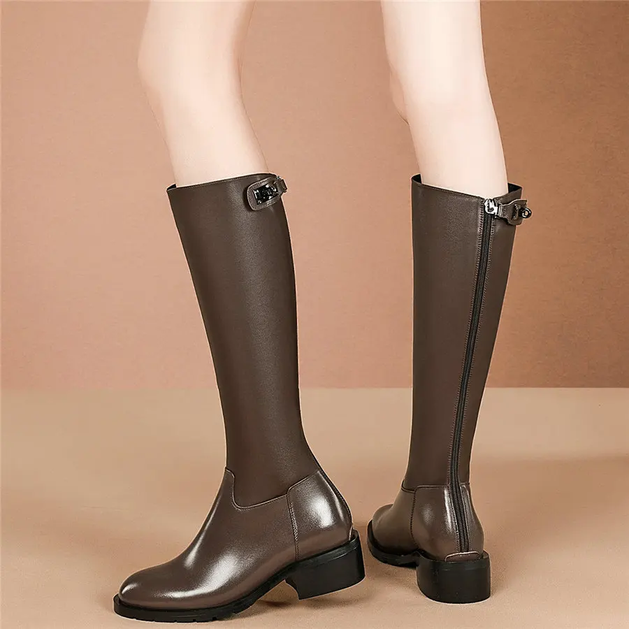 

Thigh High Oxfords Shoes Women Genuine Leather Low Heel Knee High Motorcycle Boots Female Winter Round Toe Platform Riding Boots