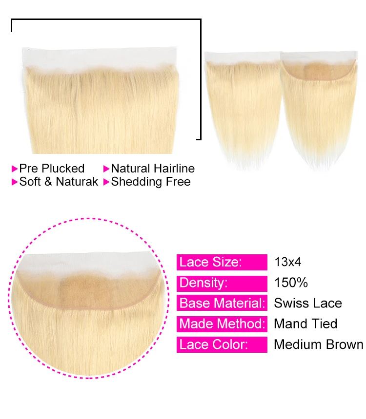 Блонд 613 пучки с фронтальной бразильской прямой закрытием 13*4 Remy мед блонд |