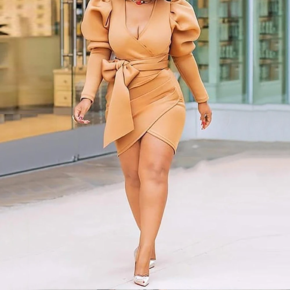 Пышное мини-платье с длинным рукавом 2019 бантом осеннее женское сексуальное