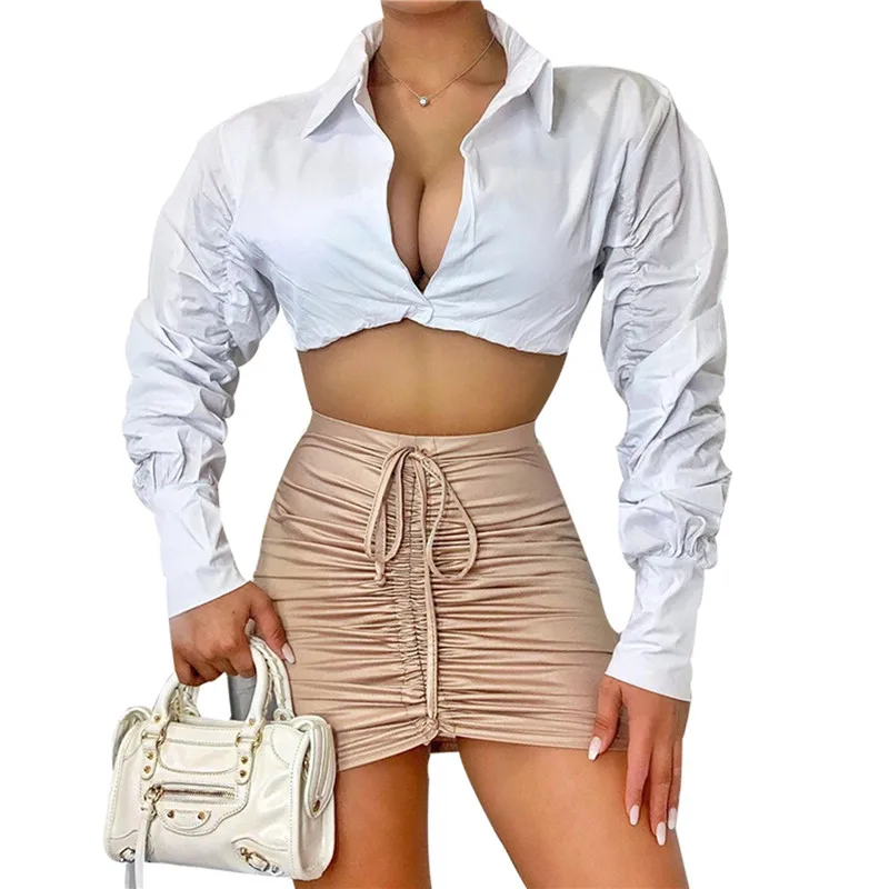 

Fashion Women Long Puff Sleeve Blouse Shirts Spring Fall White Solid Fashion Female Blouse Top Clothes Office Work Button Blouse