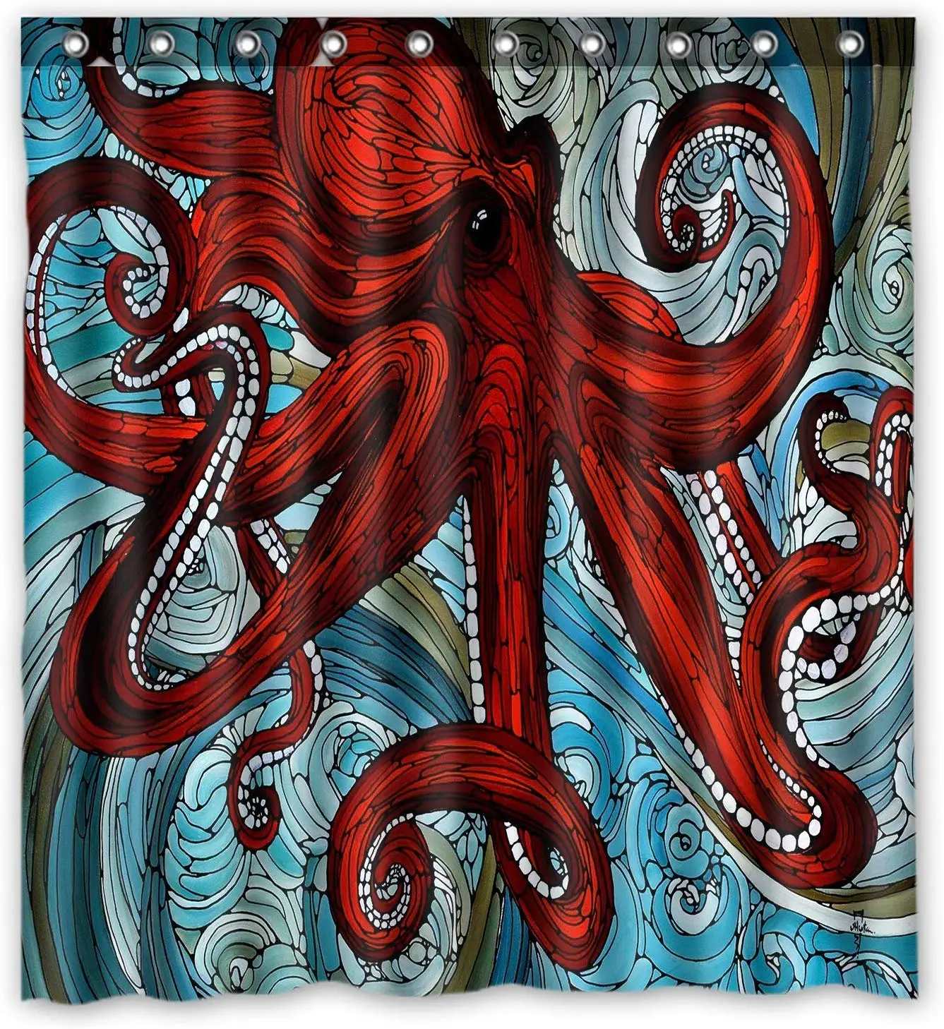 

Custom Red Octopus Oil Painting Shower Curtain Stylish Waterproof Polyester Fabric Bathroom Decor