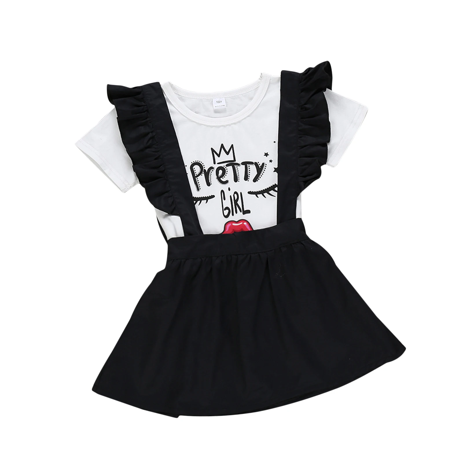 

Bmnmsl 2Pcs Baby Girls Summer Outfits Short Sleeve Cartoon Letter Print T-Shirt + Suspender Skirt Outfits Set