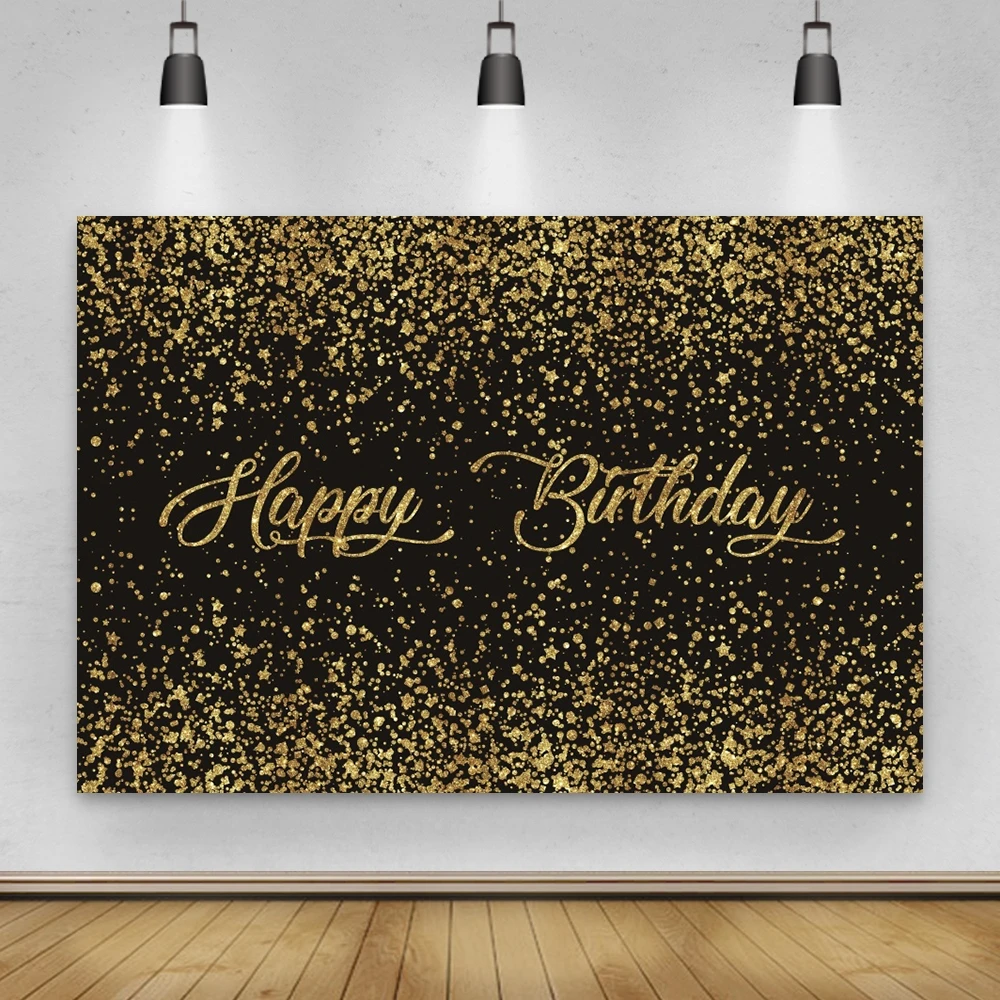 Laeacco Gold Glitters Star Happy Birthday Photography Backdrop Customize Personalize Wedding Shiny Dots Background Photo Studio