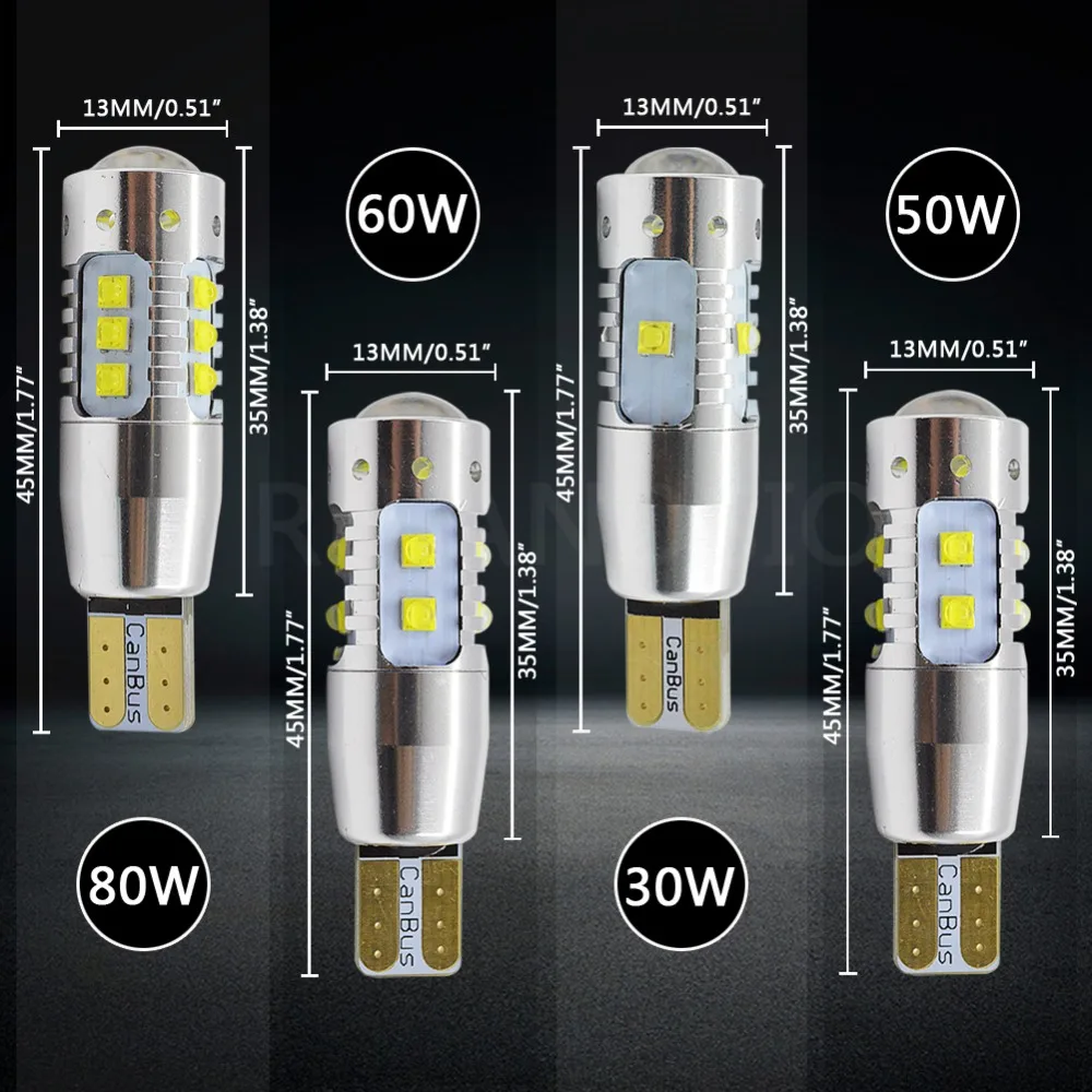 2 шт. 80 Вт 30 50 60W 12V 24V супер яркий 1200lm T10 Canbus W5W CREE чип Автомобильный светодиодный