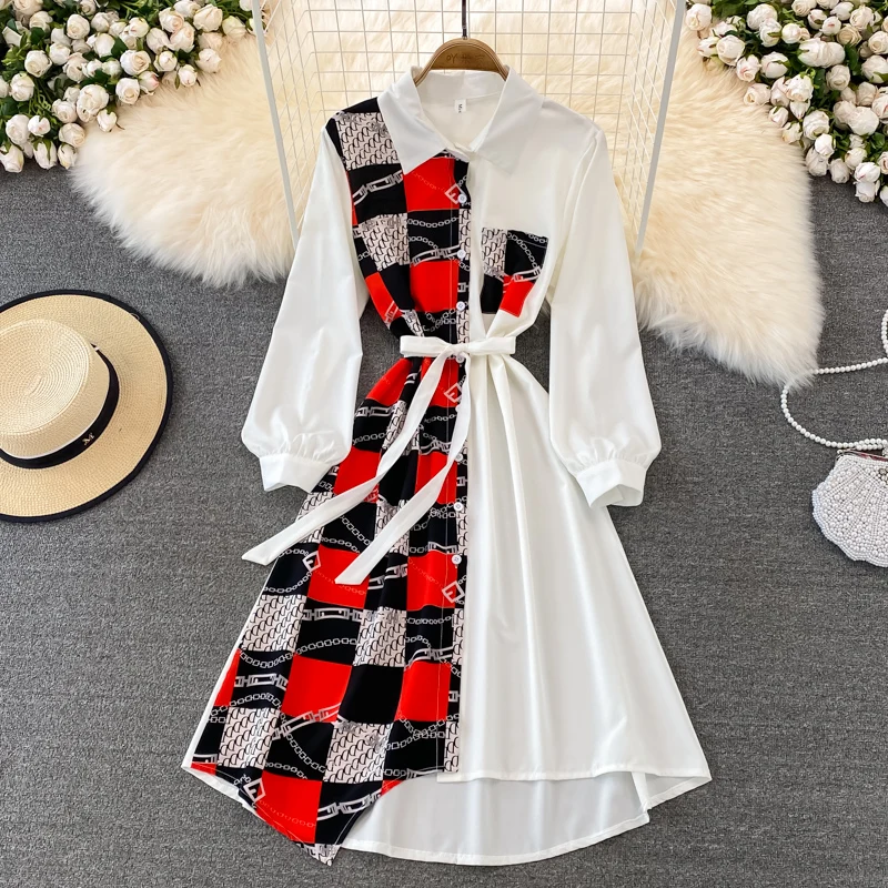 

HELIAR Women Patchwork Dress A-Line Belt Dress With Pocket Elegant Holiday Button Up Plaid Dress For Women 2021 Summer