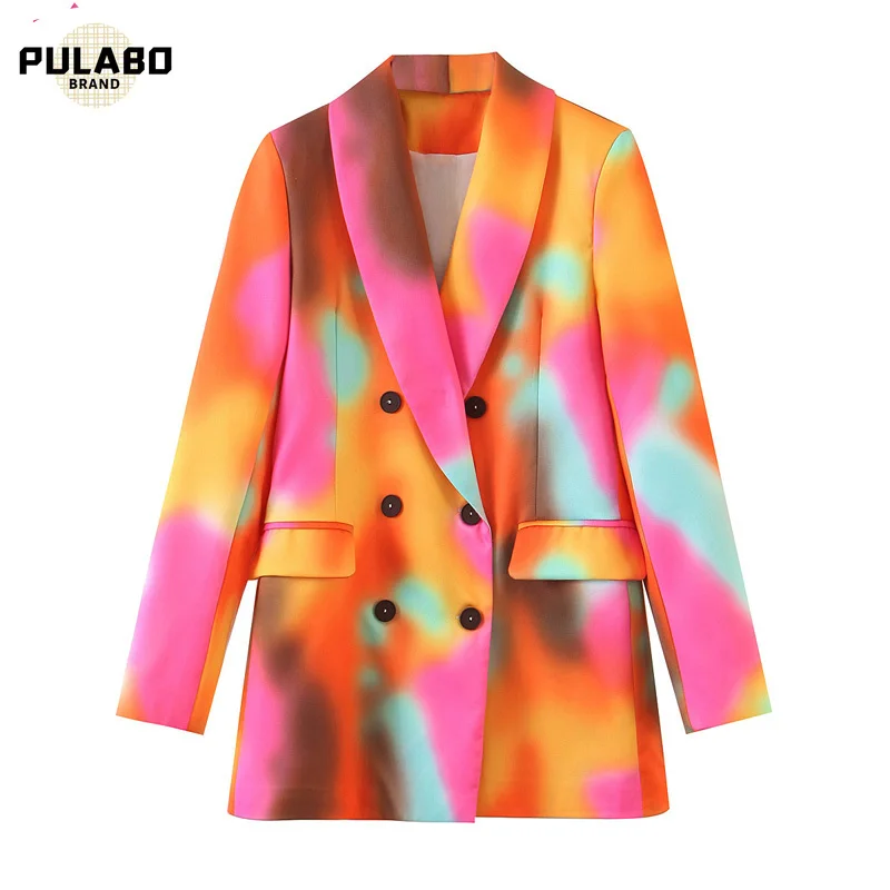 

Casual Shawl Collar Blazers Women Fashion Double Breasted Jackets Women Elegant Orange Pink Printed Suits Female Ladies