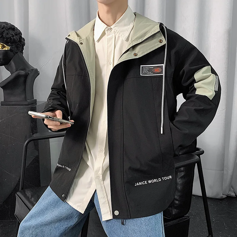 

Men's Jacket Top Korean Fashion Cargo Casual Coat Hooded Spring 2021 Junior Student Fashion Loose Black/Khaki/Light Blue Dress