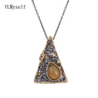 gun black big triangle pendant brown stones necklace 2 tone plated vintage womens jewelry suspension pendants