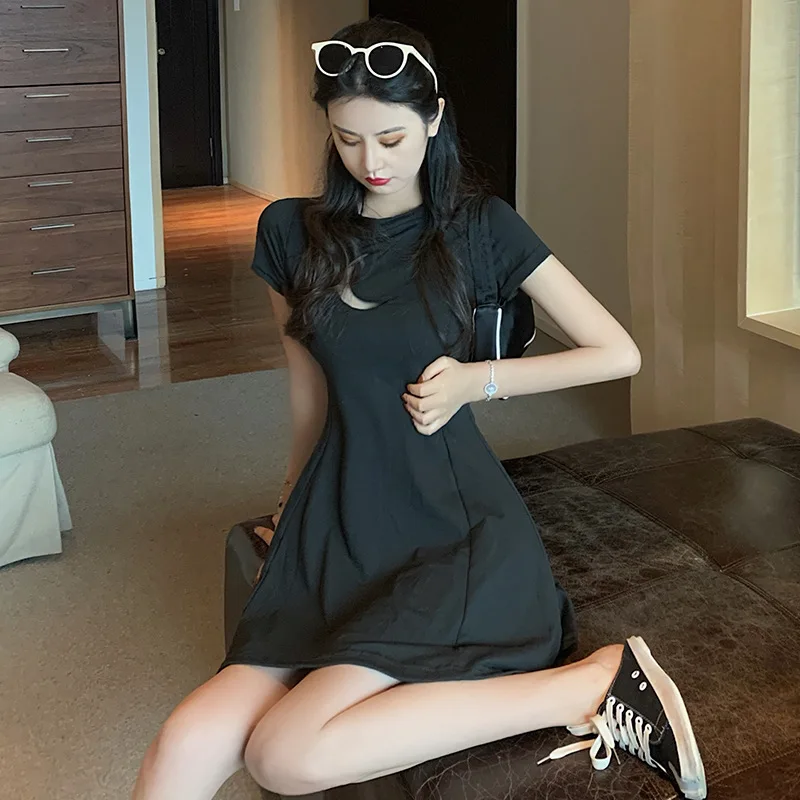 

2021 Trend Women Fashion Dresses Summer Japanese Soft Sister Sexy Cutout Mini A-Line Dresses Short Sleeve Black Dress Plus Size