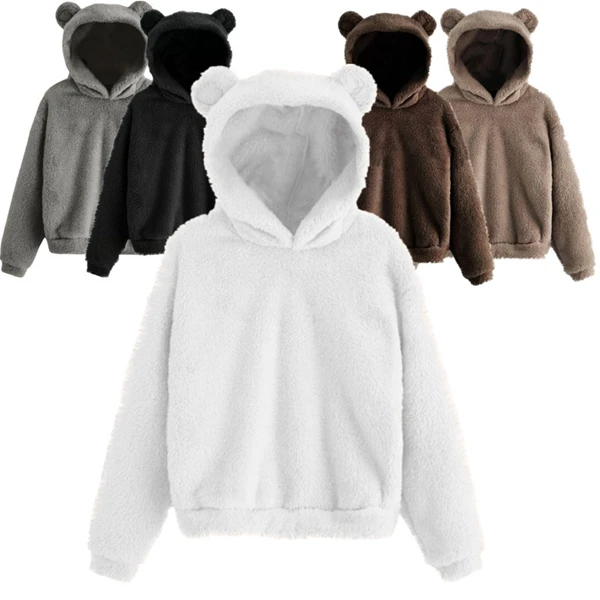 

Women Plus Size Warm Faux Fur Fleece Hoodie Casual Solid Color Long Sleeve Ear Hooded Coat Pullover autumn winter costumes
