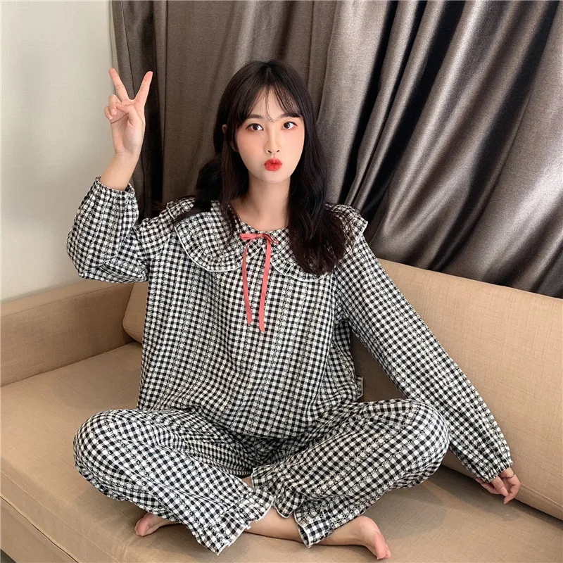 

CBAFU spring autumn striped plaid sweet pajamas set women 2 piece set peter pan collar pullover pants homewear sleepwear M775