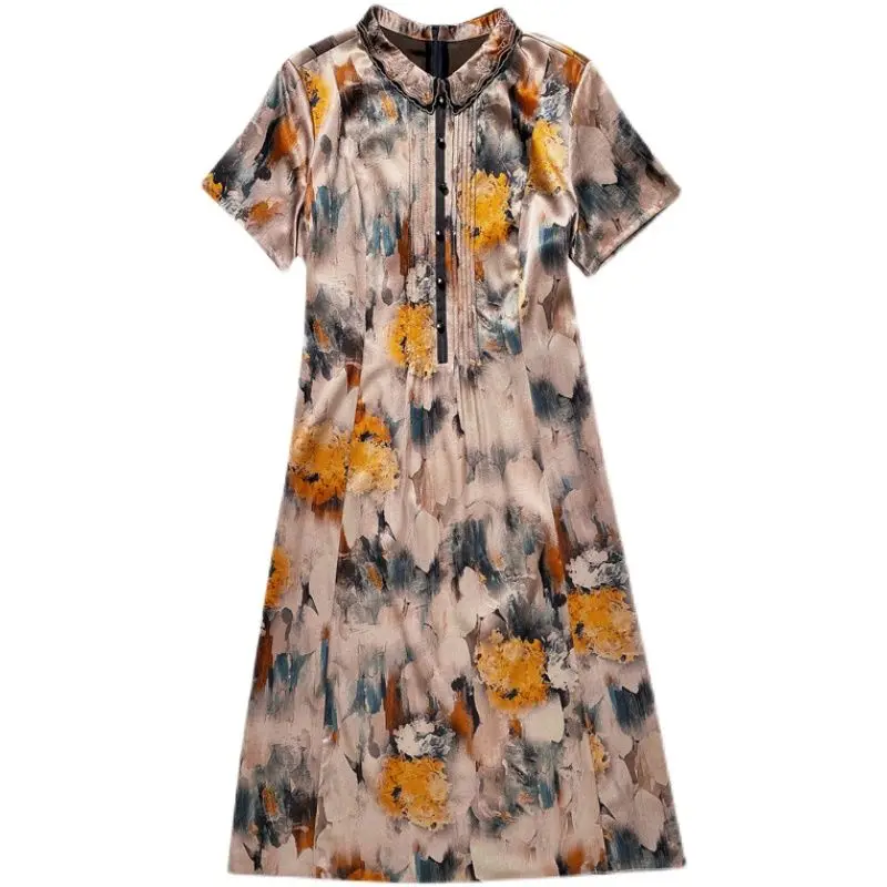 

Real Silk Mother Wear Cheongsam Dress Women's Summer 2021 New High-end Brand Satin Dress