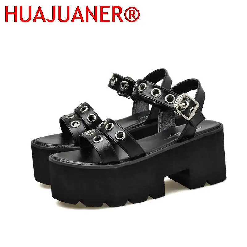 

Black Punk Rivet Platform Sandals Women Buckle Strap High Heel Sandals Women Chunky Heel Summer Goth Shoes Women