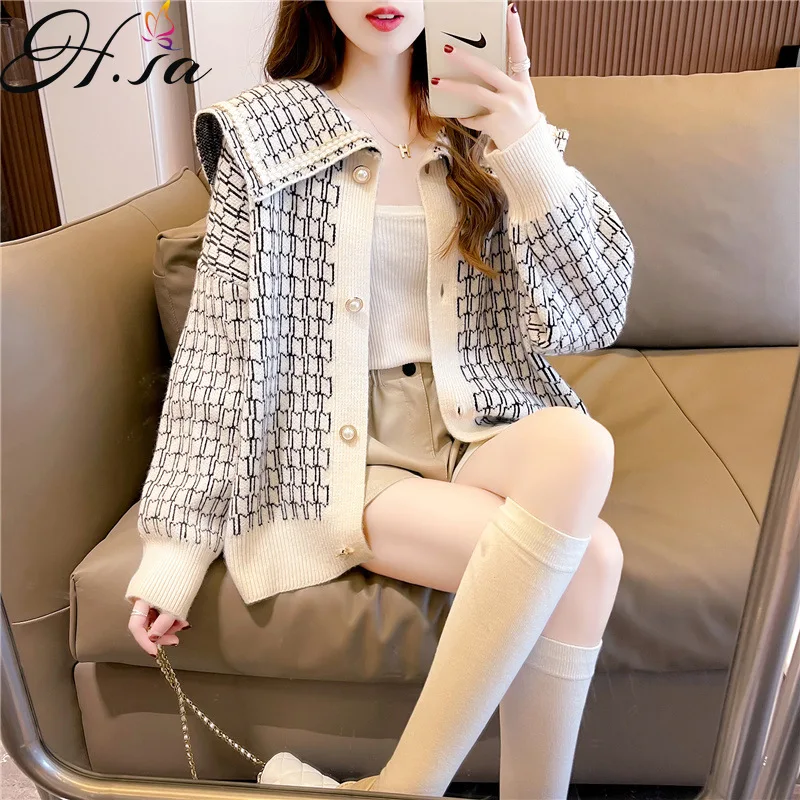 

Hsa 2021 Fall Women's Clothing Elegant Sweater Cardigans Sailor Collar Knitted Jackets Korean Chic Poncho Loose Sweater Coat Top