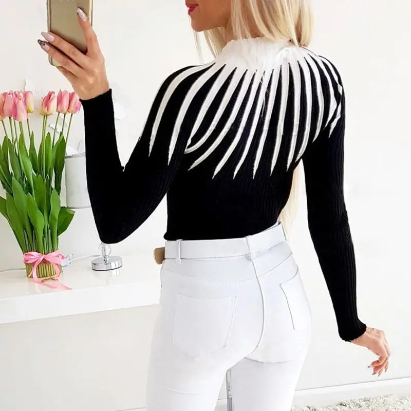 

Women Long Sleeve Turtleneck Slim Sweater Color Block Striped Knit Jumper Tops D08E