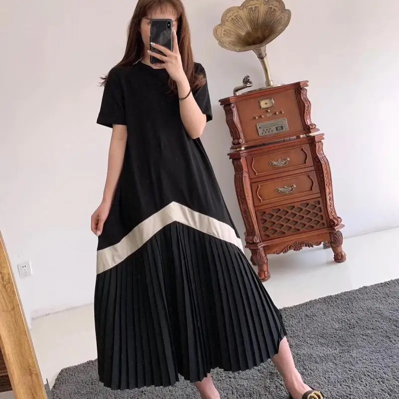 

2021 Summer New Japanese Korean Simple Loose Plus Size Slim Pleated Dress Casual O-neck All-match Women Long Skirt Free Shipping