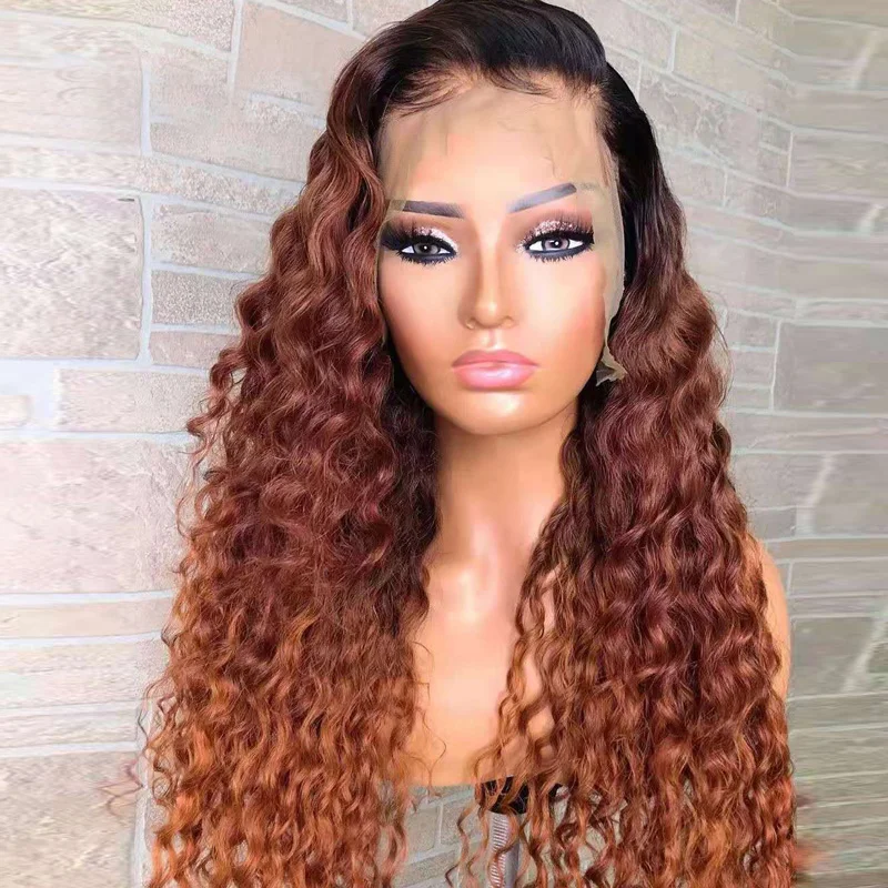 

Lace Front Human Hair Wigs Ombre 30# Brazilian Virgin Hair Wigs 200% Density Pre Plucked Curly Human Hair Wigs with Baby Hair