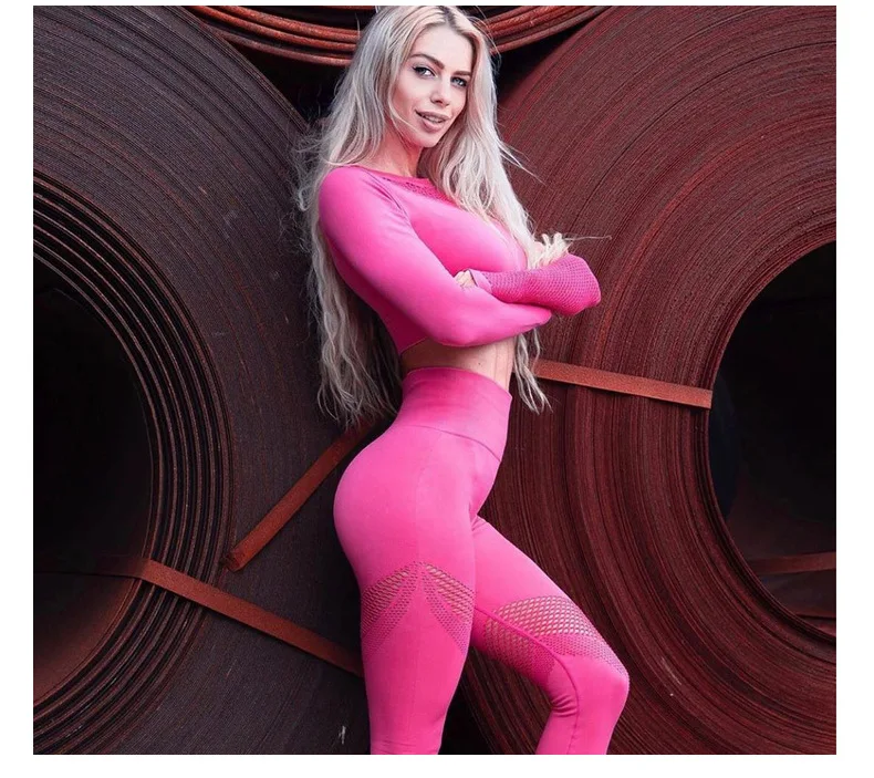

2020 Active Women Yoga Set Long Sleeve Hollow Seamless Mesh Stretch High Waist Sexy Peach Leggings Sport Gym Fitness Set Workout