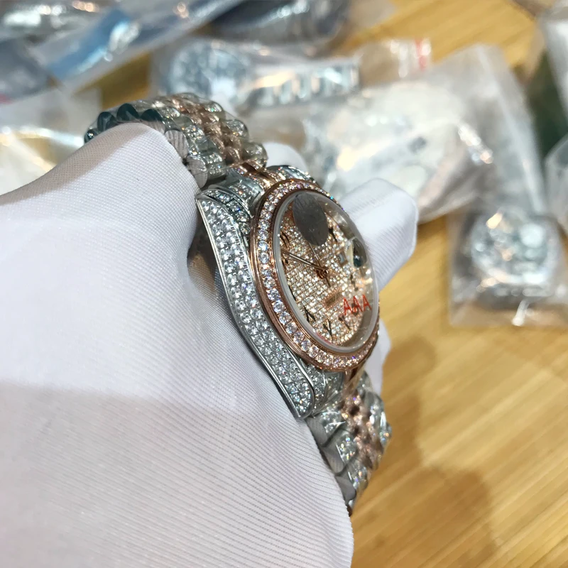

TOP quality Rose Gold &Silver iced out watch Arabic numbers excellent sapphire glass sweeping movement diamonds watches
