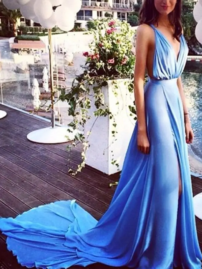 

Sexy Evening Dress With Court Train Vestido Longo Sky Blue Long Off Shoulder 2021 Robe De Soiree High Slit Prom Formal Gown