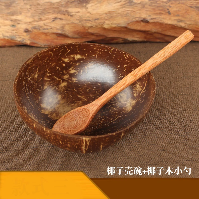 

Natural Log Coconut Shell Bowl Handicraft Tableware Spoon Dessert Fruit Salad