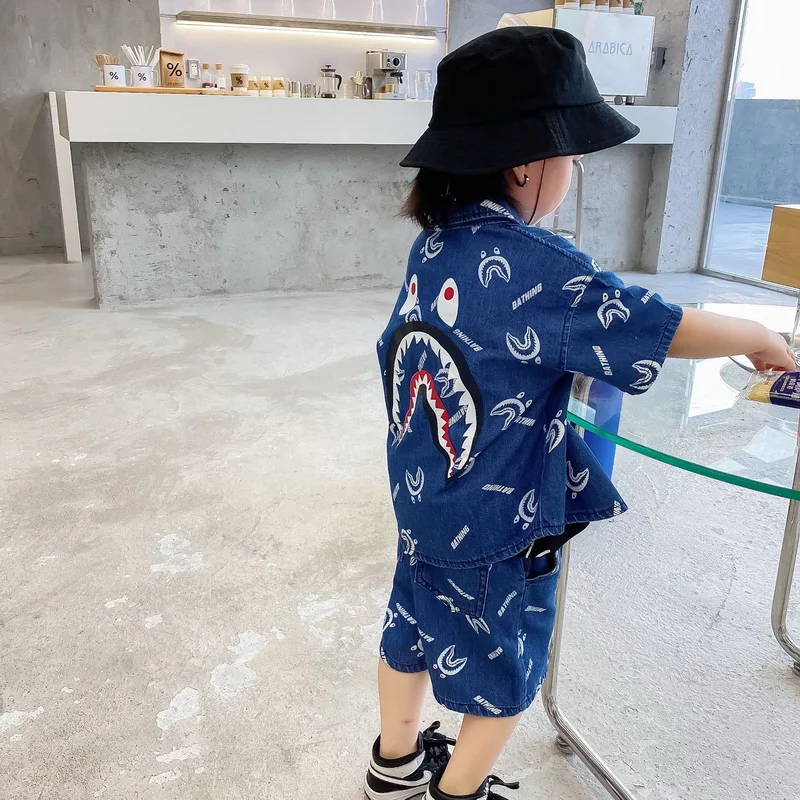 

Baby Boy Shirt 2021 Summer New shark Printing denim short Sleeve Boys shirt Baby Clothes 2-10 Years E100134