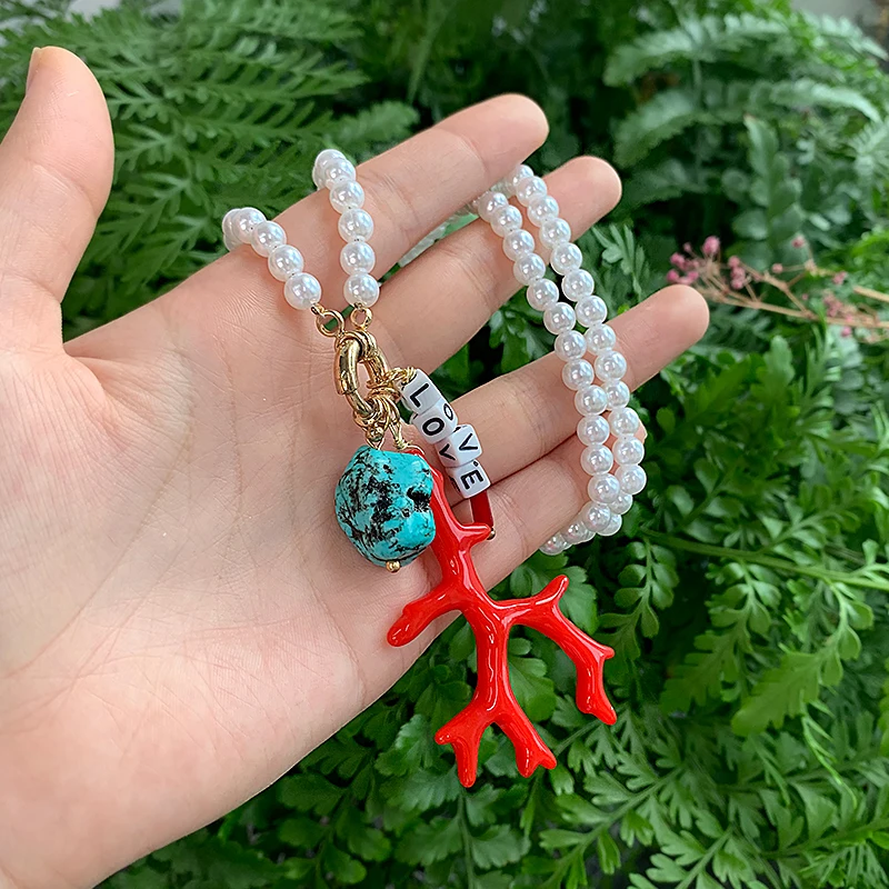 Ожерелье KOMi в богемном стиле с подвеской из бирюзового жемчуга кораллового