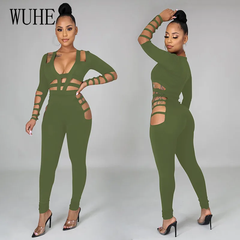 

YEYA Hollow Out Sheer Sexy Rompers Jumpsuit Women Long Sleeve Night Out Club Party Bodycon Bandage Overalls Two Piece Set