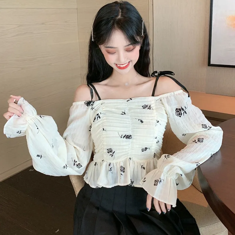 

Women Blouse Floral Print Slash Neck Fashion Blouses Sexy Sweet Chiffon Long Sleeve Casual Shirt Tops
