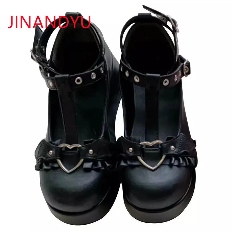 Size 42 43 New Female Lolita Cute Mary Janes Pumps Platform Wedges High Heels Women Pumps Sweet Heart Buckle Punk Shoes Woman