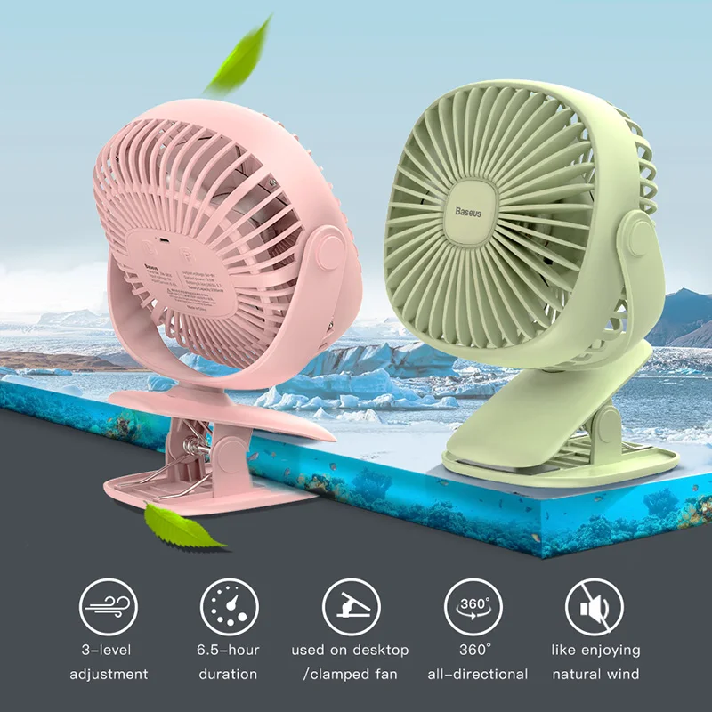 Baseus перезаряжаемый вентилятор с зажимом воздушным охлаждением USB Настольный