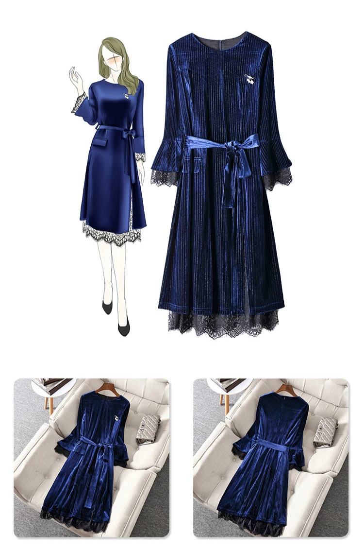 Autumn Winter Navy Blue Casual Velvet Women Long Sleeve Solid Elegant Dress Women Plus Size Dinner Dresses for Women Robe