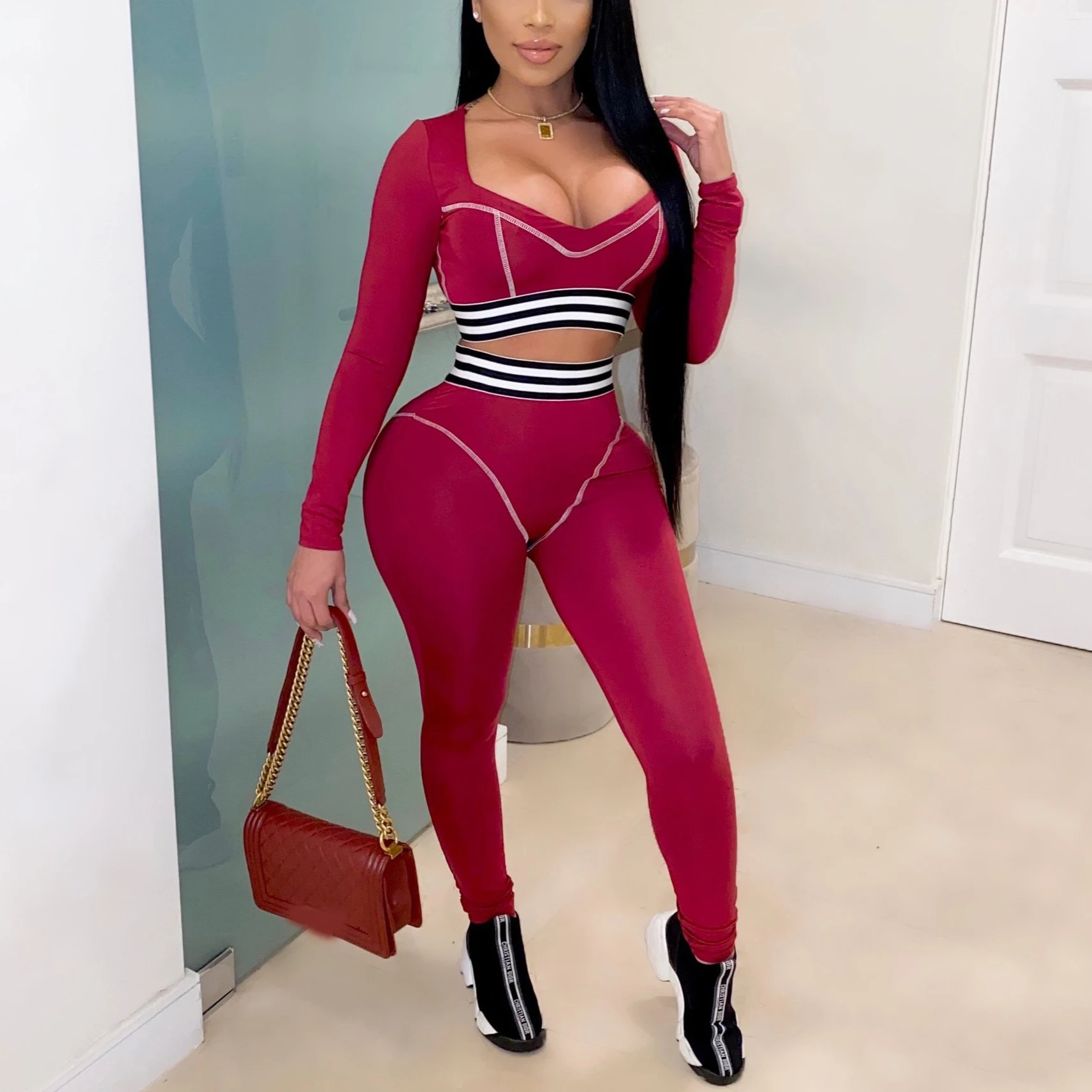 

Женский комплект из 2 предметов, сексуальный Полосатый Топ с длинным рукавом и облегающие брюки-карандаш, бордовый облегающий вечерний праз...