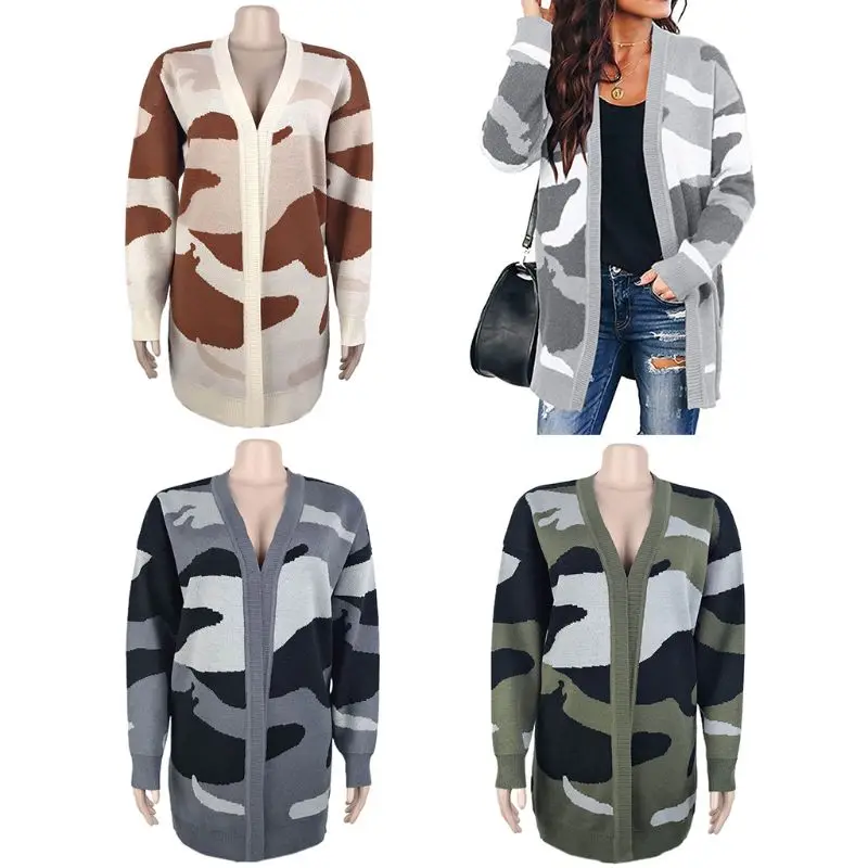 

Womens Autumn Long Sleeve Knitted Cardigan Contrast Color Camouflage Open Front Sweater Top Ribbed Trim Loose Midi Outwear Coat