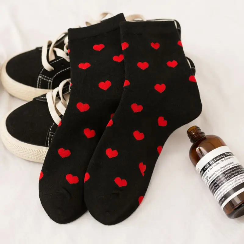 

5 Pairs Korean Womens Cotton Crew Socks Sweet Love Heart Print Harajuku Hosiery X5XD