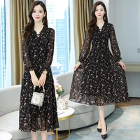 women long black chiffon floral dress autumn spring 2022 runway korean elegant dress long sleeve boho vintage party dress summer