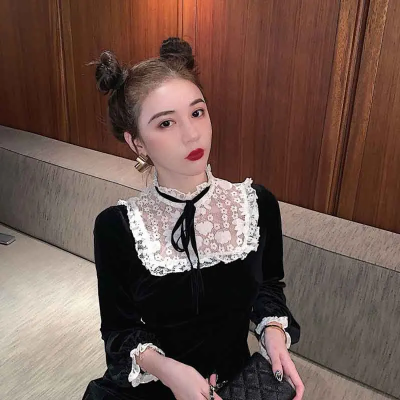 

One-Piece 2020 New Autumn Girls Vintage Long Sleeve Dress Vestido Velvet Christmas Party Dress Lace Ruffled Slim Waist Dresses