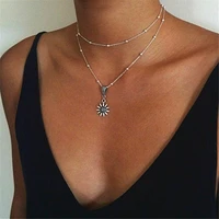 2019 new vintage double layered sunflower chain satellite bead choker women pendant necklaces simple dainty jewelry