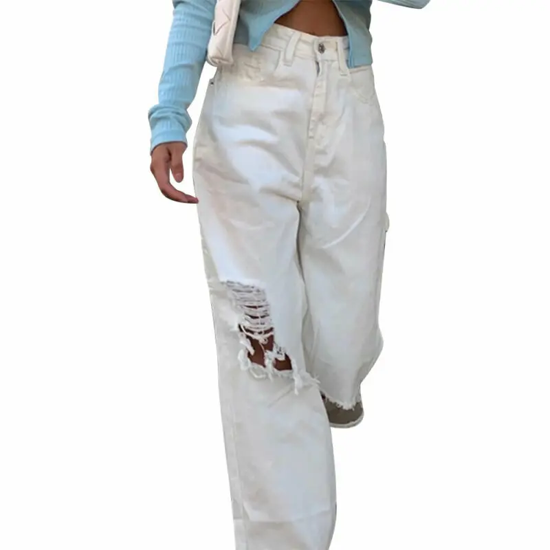 

Women Ripped Solid Denim Long Jeans Ladies Casual Loose Boyfriend Pants Trouser