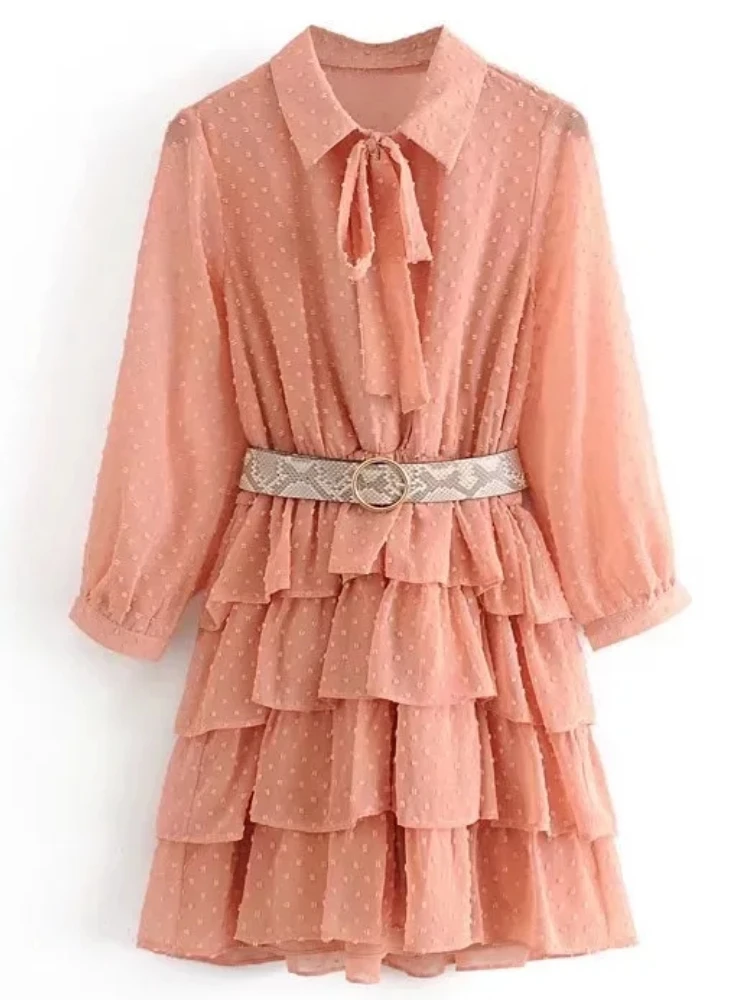 

BBWM Женские винтажные шифоновые платья с бантом и поясом, мини-платье с принтом в виде капкейка, новинка 2022, Модные женские милые приталенные ...