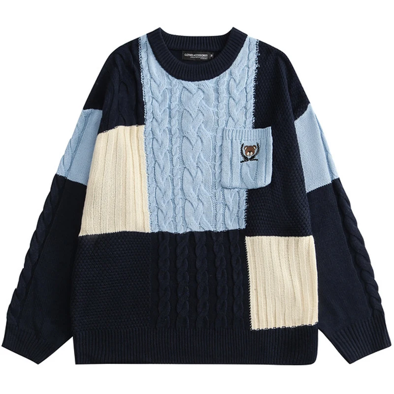 

Unisex Oversize Couple Color Block Pullovers Sweater Knitwear Male Tops Women Patchwork Knitted Loose Sweaters HipHop Streetwear