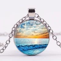 2021 trend fashion beachnautical ocean sunset art photo cabochon glass pendant necklace for women creativity gift