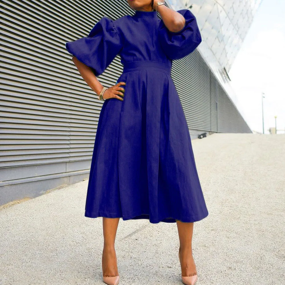 

Blue Denim Dress Women Fashion A Line Ladies Streetwear Autumn Clothes Vintage Lantern Sleeve Female Casual Midi Dresses Swing