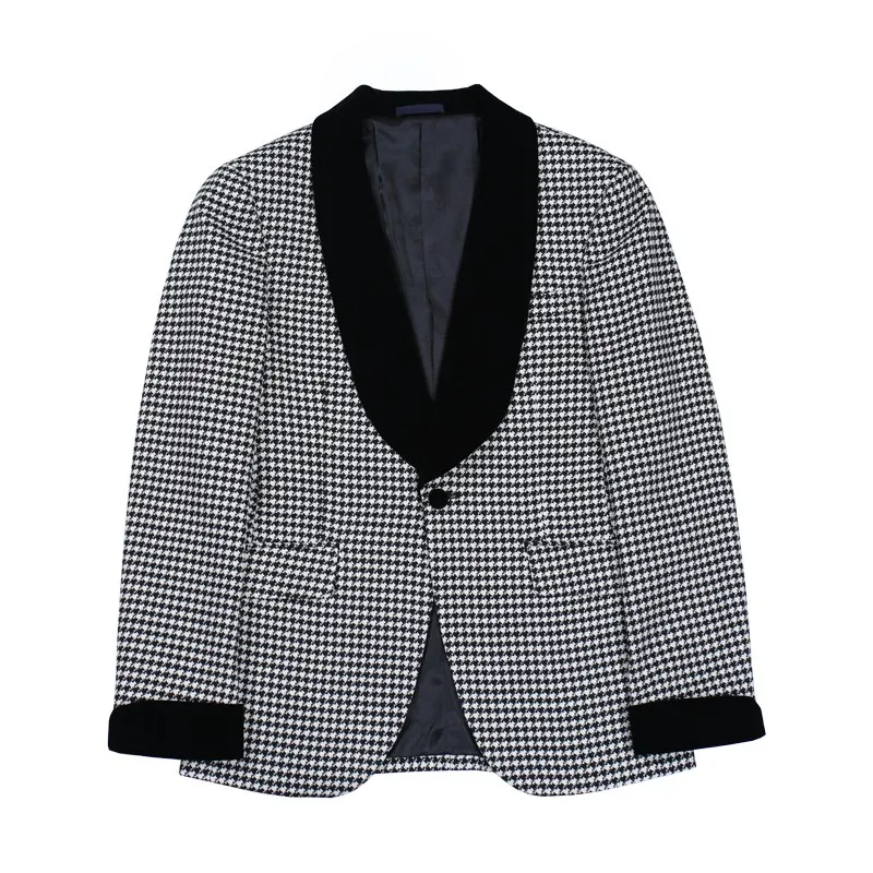 

Italian Designer Men Plaid Blazer Jacket Slim Fit One Button Wedding Party Formal Suit Coat Office Work Velvet Patchwork Blazers