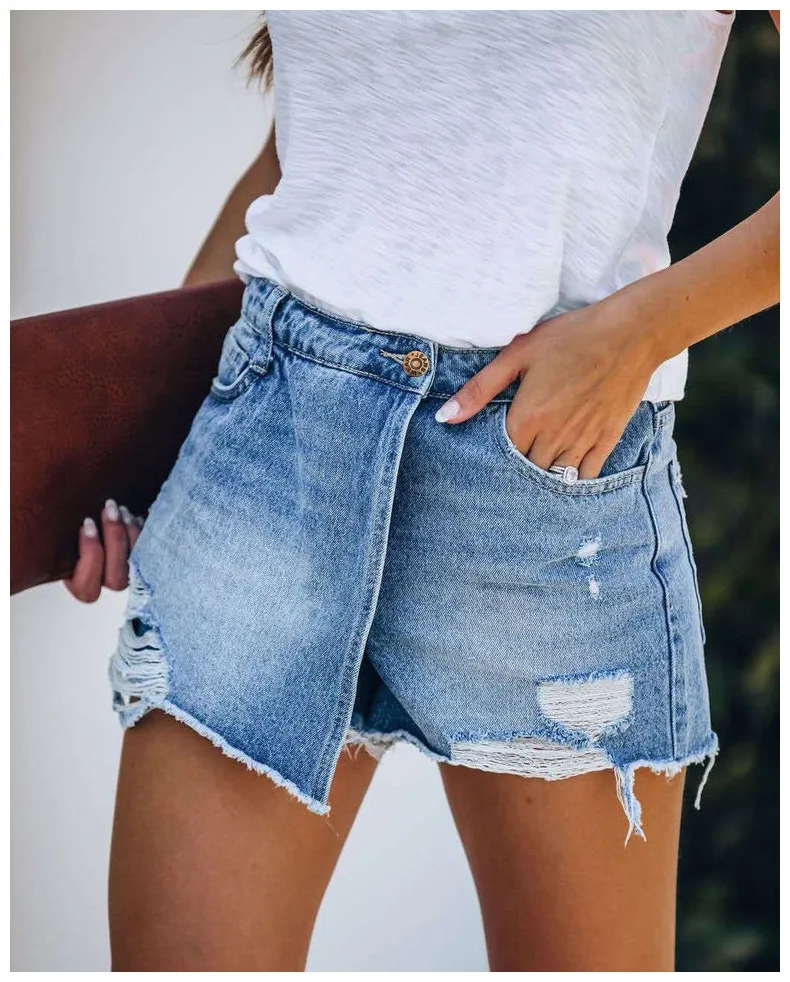 

Plus Size Ripped Denim Shorts Women High Waist Bodycon Distressed Hole Bottoms Leg-Openings Sexy Short Jeans