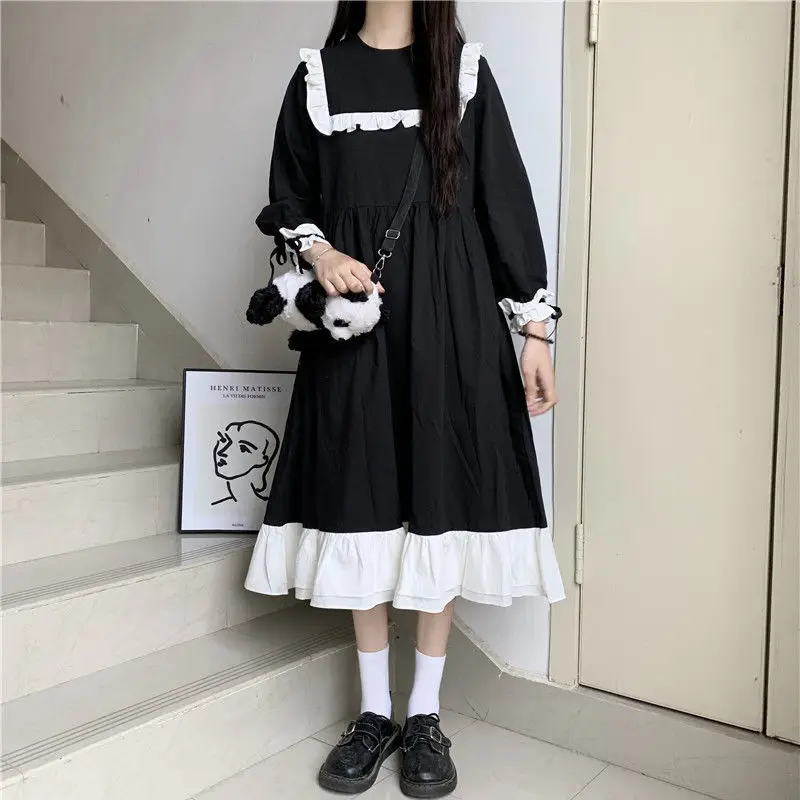 

QWEEK Japanese Style Ruffle Black Dress Mori Girls Vintage French Long Sleeve Sweet Lolita Kawaii Cute Party Dresses Woman 2021
