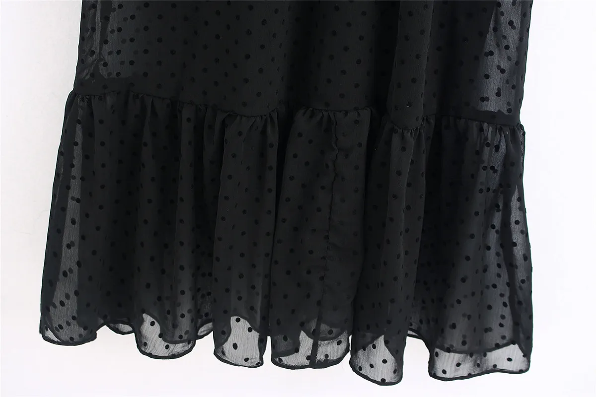 

women fashion dots black dress ruffles collar short Sleeve Ladies elegant midi Dress