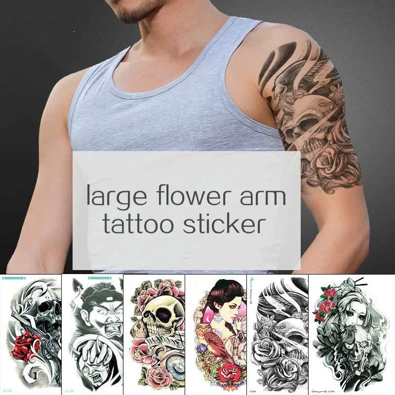 

Waterproof Temporary Tattoo Sticker Arm Large Skull Old School Tattoo Stickers Flash Terror Fake Tattoos for Men Women Halloween