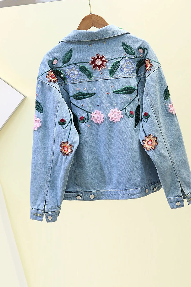 

High Quality 2019 European Autumn Jacket Women Long Sleeve Embroidery Denim Jacket Outerwear Casual Streetwear Blue Denim Jacket