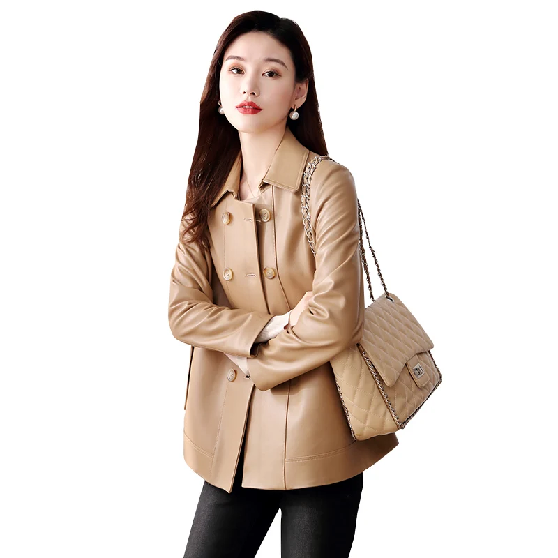 

JCHB 2021 genuine leather coat Khaki women's short sheepskin regular style drawstring square collar small leather coat